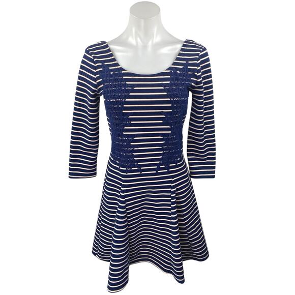 Free People Blue White Striped Embroidered Long Sleeve Fit & Flare Mini Dress XS - Picture 1 of 5